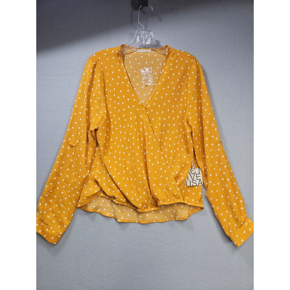 Active USA Mustard Yellow Polka Dot Surplice Roll Tab Blouse T10227 NWT Large